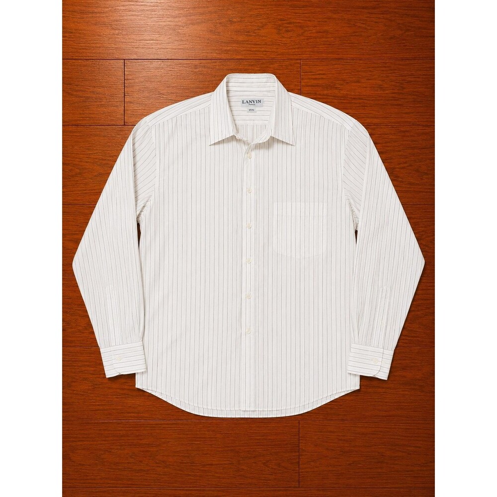 Lanvin Paris Mens 19 34/35 White Blue Pinstripe Dress Shirt Long Sleeve